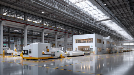 A spacious and modern manufacturing facility showcases advanced machinery and equipment, complemented by ample natural light and a clean design.の素材