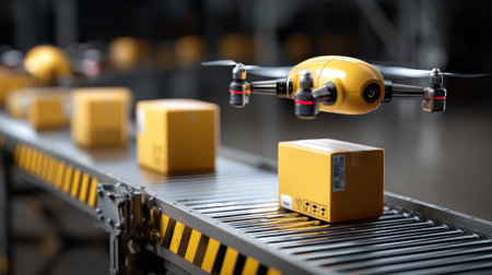 This image captures a futuristic drone efficiently delivering yellow packages while hovering over a conveyor belt in a modern warehouse setup. The scene symbolizes innovation in logistics.の素材