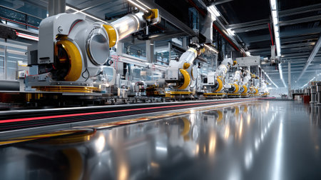 This image showcases a state-of-the-art manufacturing facility featuring advanced robotic systems and conveyor lines, highlighting precision engineering and innovation.の素材