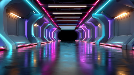 A striking futuristic hallway featuring vibrant neon lights in blue, pink, and purple hues, creating a reflective and immersive environment.の素材