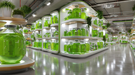 This image showcases a modern laboratory filled with shelves of glass jars containing vibrant green liquid, aimed at scientific research and experiments.の素材