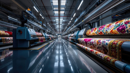 A vibrant textile manufacturing facility showcases colorful fabric rolls ready for production. The well-lit environment reflects innovation and craftsmanship in modern design.の素材