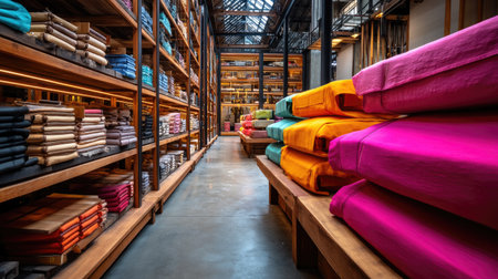 A contemporary warehouse interior featuring vibrant textiles displayed neatly on wooden shelves. The colorful fabrics create an inviting and organized atmosphere, perfect for design inspiration.の素材