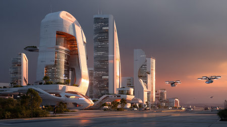 This stunning image showcases a futuristic urban landscape featuring sleek architecture and drones soaring above. The vibrant sunset adds to the modern aesthetic, illustrating innovation and technological advancement in city design.の素材