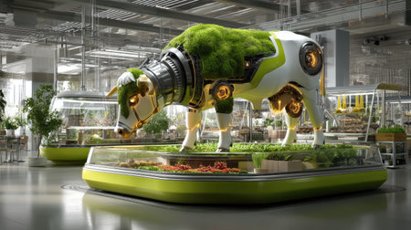 This conceptual image showcases a futuristic robotic cow adorned with lush greenery, symbolizing the fusion of technology and sustainable agriculture in an innovative environment.の素材