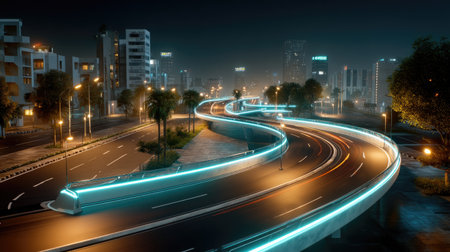 A stunning nighttime view of a modern city, showcasing a curved highway illuminated by vibrant lights, complemented by palm trees and a bustling skyline.の素材