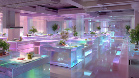 This image showcases a contemporary kitchen with vibrant neon lighting and modern design elements. It highlights innovative cooking spaces and a clean, organized aesthetic perfect for culinary art.の素材