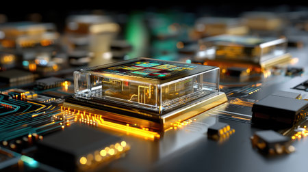 The image showcases a detailed close-up of a modern microchip positioned on a circuit board, surrounded by vibrant lights and intricate wiring, highlighting technological advancement.の素材