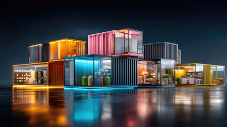 This image showcases innovative shipping containers transformed into vibrant creative spaces, illuminated with neon lights and reflections. An ideal representation of modern urban design.の素材
