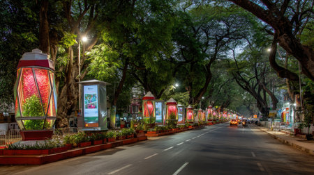 A captivating view of an urban street adorned with decorative lamps, glowing under the twilight sky, framed by lush trees and vibrant surroundings, creating a serene atmosphere.の素材
