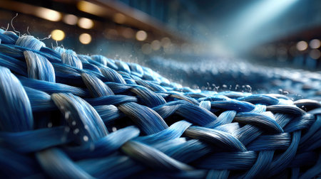 Intricate close-up view of woven blue materials illuminated by soft light, capturing water drops. This image evokes serenity and craftsmanship, perfect for creative projects.の素材