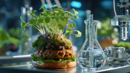 This captivating image features a futuristic plant-based burger topped with vibrant greenery, set against a laboratory backdrop, highlighting innovation in food science.の素材