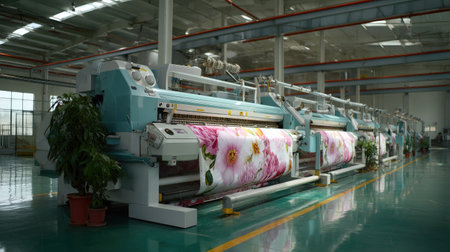 This image showcases a state-of-the-art textile printing machine designed for vibrant floral patterns, highlighting advanced technology in an industrial setting.の素材
