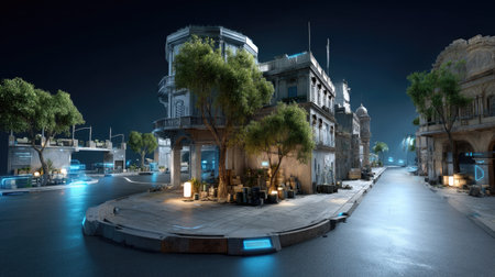 This image captures a futuristic urban landscape at night, showcasing abandoned buildings illuminated by neon lights, surrounded by trees, creating a serene atmosphere.の素材