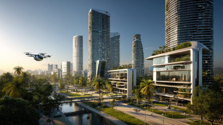 A stunning view of a vibrant city showcasing futuristic skyscrapers, modern architecture, and advanced technology, including drones soaring above lush greenery.の素材