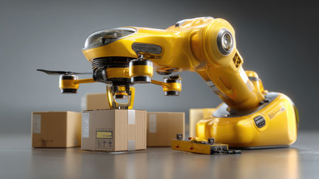 A sleek robotic arm equipped with a drone mechanism efficiently handles delivery boxes in a modern packaging environment, showcasing advanced technology and automation in logistics.の素材