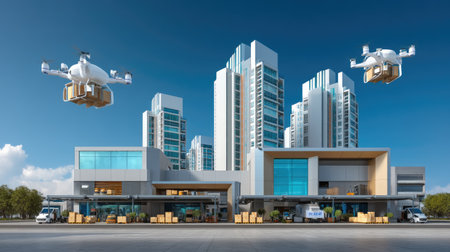 A captivating view of a modern urban environment featuring sleek buildings with drones in flight, efficiently delivering packages, showcasing advancements in technology.の素材