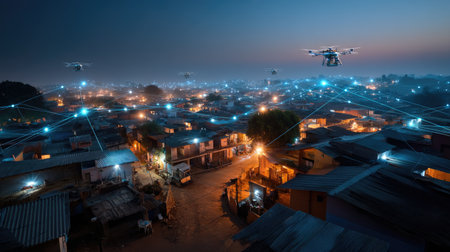 This captivating aerial image shows drones flying over a bustling urban settlement at night, highlighting modern connectivity amidst vibrant city lights.の素材
