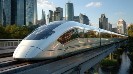 A sleek high-speed train glides along an elevated track against a backdrop of impressive skyscrapers in a bustling urban environment.の素材