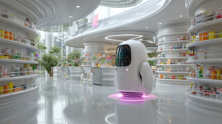 A sleek, futuristic robot assistant stands in a bright modern pharmacy. Surrounded by colorful shelves of products, this innovative design showcases advanced healthcare technology and user interaction in a clean, organized space.の素材