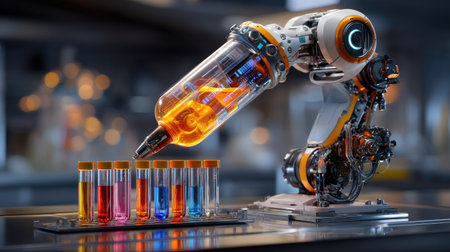 A futuristic robotic arm equipped with a glowing syringe is seen dispensing vibrant liquids into glass test tubes in a high-tech laboratory.の素材