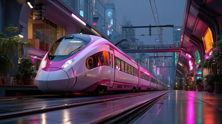 A striking high-speed train sits poised at a neon-lit urban station, showcasing modern design and technology in a vibrant cityscape during evening hours.の素材
