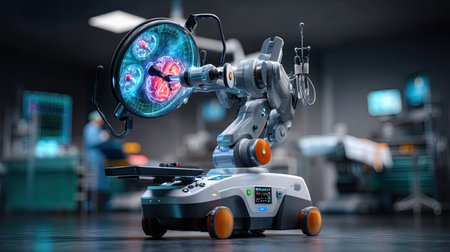 This image showcases a cutting-edge surgical robot in a modern operating room, featuring a detailed holographic interface and advanced medical instruments for precision surgeries.の素材