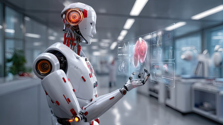 A futuristic robot interacts with holographic displays showcasing human heart data in an advanced laboratory, illustrating the intersection of technology and healthcare.の素材