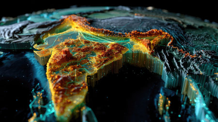 A stunning 3D representation of India showcasing its unique geographical features with vibrant colors and intricate topographical details in a digital format.の素材