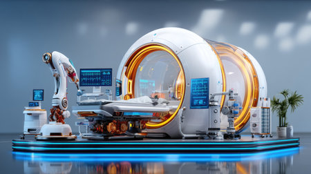 This image showcases a futuristic medical pod equipped with advanced technology, designed for healthcare efficiency and innovative patient care in a modern setting.の素材