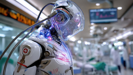 This image showcases a futuristic healthcare robot equipped with advanced technology, designed for modern medical environments. The robot exemplifies innovation in patient care, highlighting the integration of artificial intelligence and robotics in healthcare settings.の素材