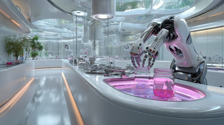This image showcases a sleek, futuristic laboratory where a robotic arm conducts intricate experiments, highlighting advanced technology in a clean, modern environment filled with glowing elements.の素材