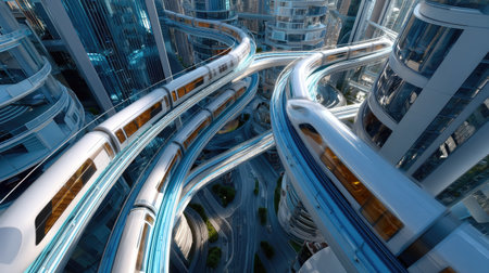 This vibrant urban scene showcases dynamic elevated train tracks weaving through modern skyscrapers, highlighting innovative architecture and advanced transport systems.の素材