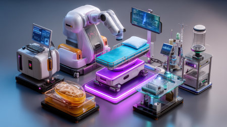 This image showcases cutting-edge medical technology, including robotic surgery systems, enhanced patient beds, and advanced monitoring tools, representing innovations in healthcare.の素材