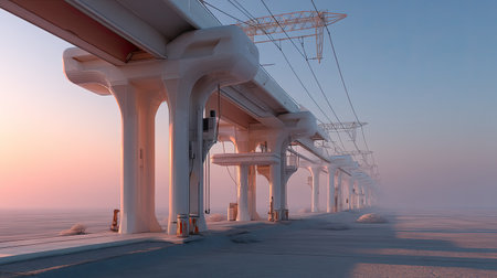 Captivating view of a modern rail station shrouded in mist at dusk, featuring unique architecture and a serene atmosphere, perfect for travel themes.の素材