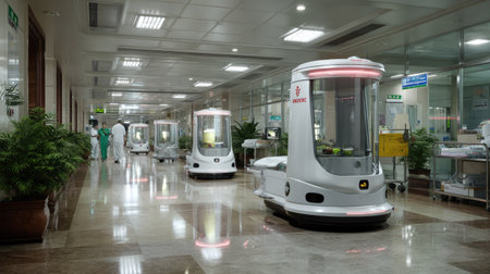 This image captures innovative robotic technology in a hospital corridor, showcasing automated systems enhancing patient care and operational efficiency.の素材