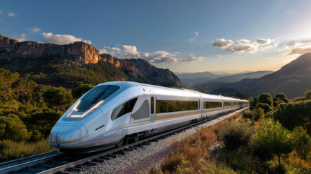 A sleek modern high-speed train glides along a railway, set against a stunning mountain backdrop with dramatic clouds in the blue sky.の素材