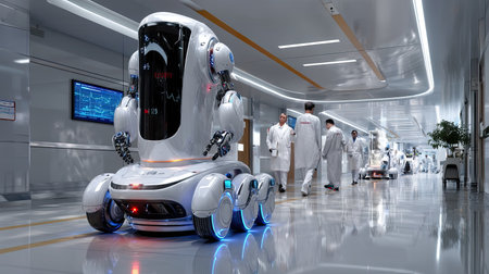 A futuristic healthcare scene showcasing an advanced robot in a modern medical facility, surrounded by professional medical staff engaged in various tasks. The advanced technology enhances patient care and hospital efficiency.の素材