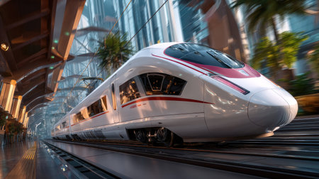 A high-speed train glides through a futuristic station, showcasing innovative architecture and sleek design that embodies modern travel and efficiency.の素材