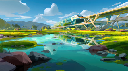 A colorful illustration showcasing a modern train moving over a bridge in a vibrant landscape, reflecting in tranquil waters, surrounded by lush greenery and distant mountains.の素材