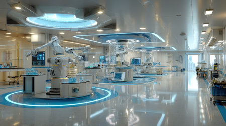 This image showcases a state-of-the-art robotics laboratory, featuring advanced machines and workstations designed for cutting-edge research and automation.の素材