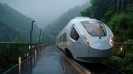 A sleek, futuristic train stands at an empty station surrounded by misty mountains, showcasing modern transportation design in a serene landscape.の素材