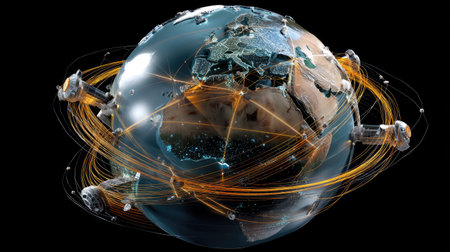 This captivating visual illustrates the global network of connectivity with satellites orbiting Earth, highlighting advancements in data communication technology and modern infrastructure.の素材