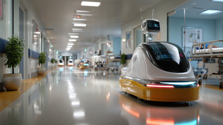 A futuristic hospital corridor featuring an advanced robot designed to navigate smoothly while providing support and assistance in patient care, enhancing healthcare efficiency and innovation.の素材