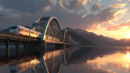 A stunning sunset casts vibrant colors over a modern train crossing a bridge. The serene water reflects the sky and mountains, creating a picturesque scene.の素材