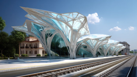 This image showcases a futuristic train station featuring a unique architectural design with artistic roof structures under a bright blue sky.の素材