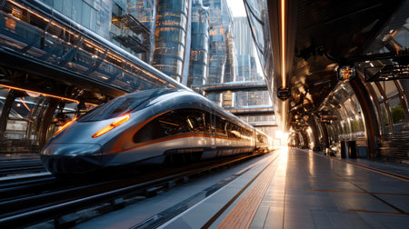 A sleek high-speed train arrives at a modern urban station, showcasing futuristic glass architecture bathed in warm sunset light, symbolizing innovation.の素材