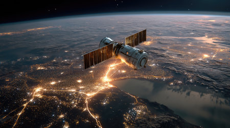 This stunning image captures a satellite orbiting Earth, displaying a breathtaking view of illuminated cityscapes at night, showcasing technology and exploration.の素材