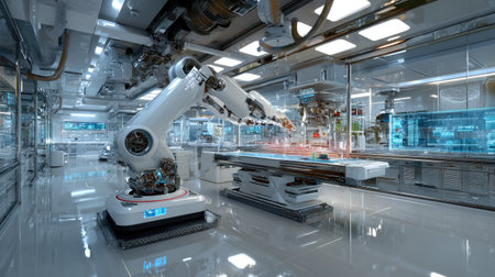 A futuristic robotic surgery room featuring advanced medical equipment and a sleek design, showcasing the integration of technology in healthcare and precision surgery.の素材