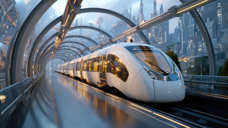 A sleek high-speed train awaits departure at a futuristic station. The modern urban landscape features dynamic glass structures and bright reflections, embodying innovation and advanced transportation.の素材